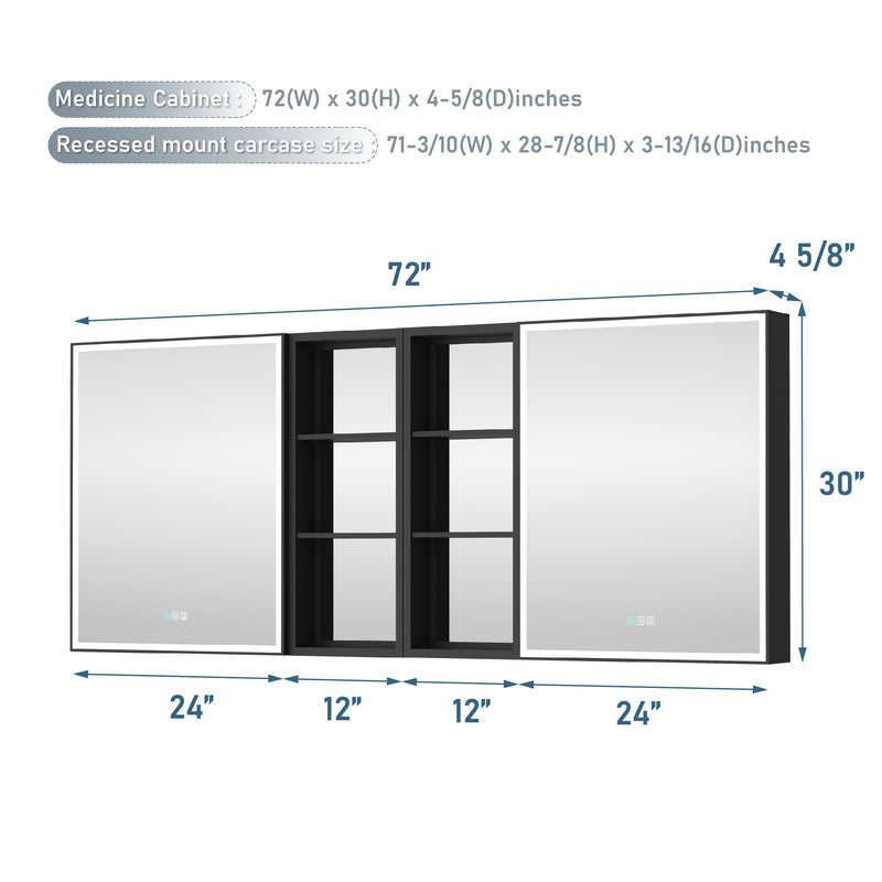 72 in. x 30 in. Black Aluminum Medicine Cabinet with Mirror and LED Light