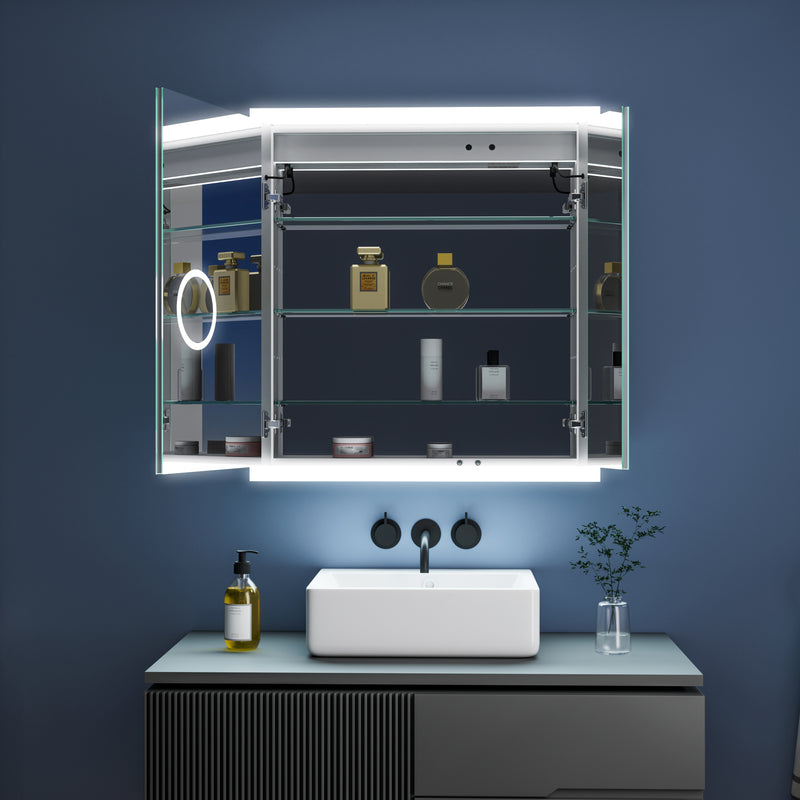 30 in. x 32 in. LED Lighted Anti-fog Mirror Medicine Cabinet Surface/Recessed Mount, Soft Close, 3X Magnifier