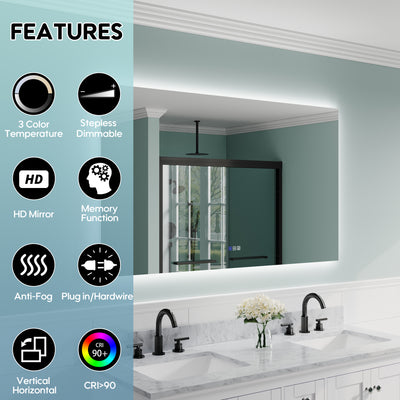 55 in. W x 32 in. H Rectangular Frameless Anti-Fog LED Light Dimmable Bathroom Vanity Mirror in Aluminum