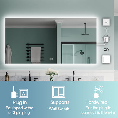 72 in. W x 36 in. H Rectangular Frameless Anti-Fog LED Light Dimmable Bathroom Vanity Mirror in Aluminum
