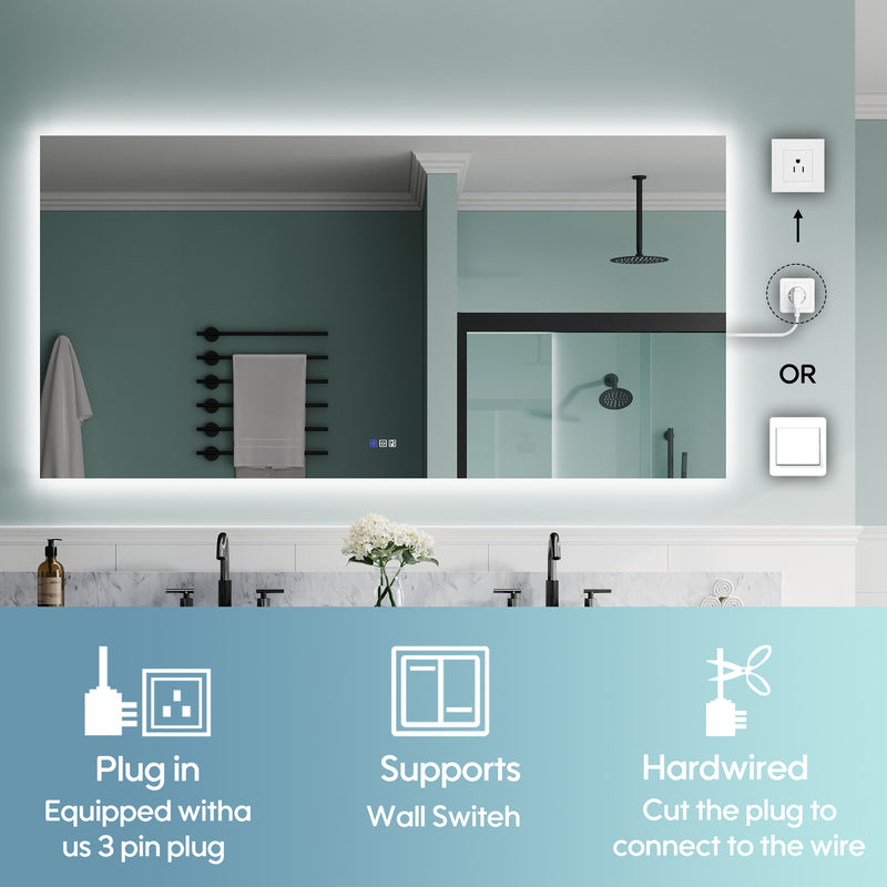 72 in. W x 36 in. H Rectangular Frameless Anti-Fog LED Light Dimmable Bathroom Vanity Mirror in Aluminum