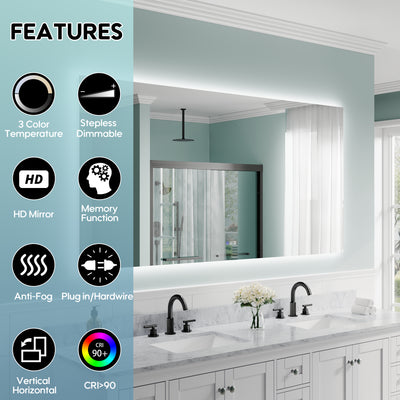72 in. W x 36 in. H Rectangular Frameless Anti-Fog LED Light Dimmable Bathroom Vanity Mirror in Aluminum
