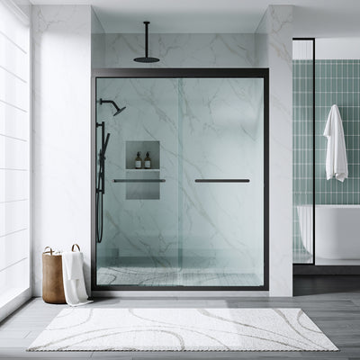 56–60 Inch Double Sliding Shower Door with Matte Black Aluminum Alloy Frame and 1/4" Tempered Clear Glass