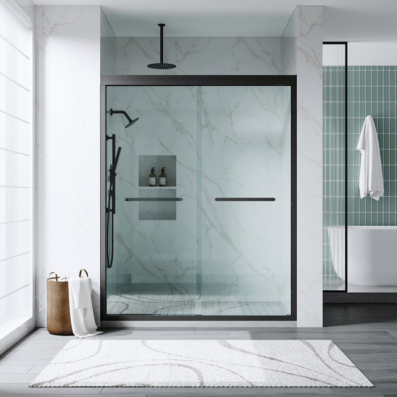 56–60 Inch Double Sliding Shower Door with Matte Black Aluminum Alloy Frame and 1/4" Tempered Clear Glass