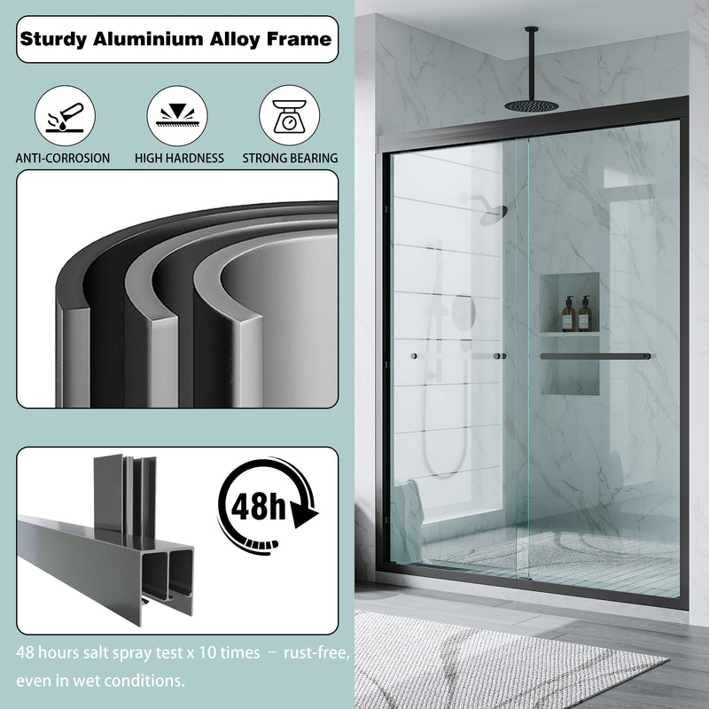 56–60 Inch Double Sliding Shower Door with Matte Black Aluminum Alloy Frame and 1/4" Tempered Clear Glass