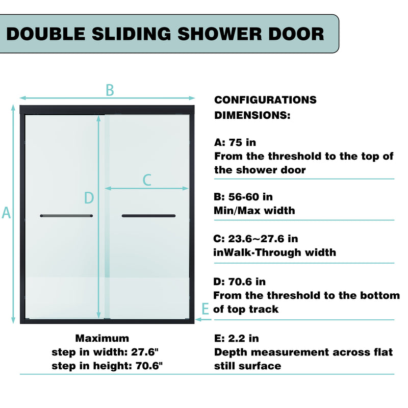 56–60 Inch Double Sliding Shower Door with Matte Black Aluminum Alloy Frame and 1/4" Tempered Clear Glass