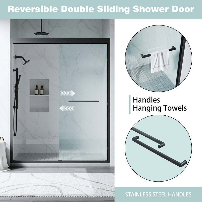 56–60 Inch Double Sliding Shower Door with Matte Black Aluminum Alloy Frame and 1/4" Tempered Clear Glass