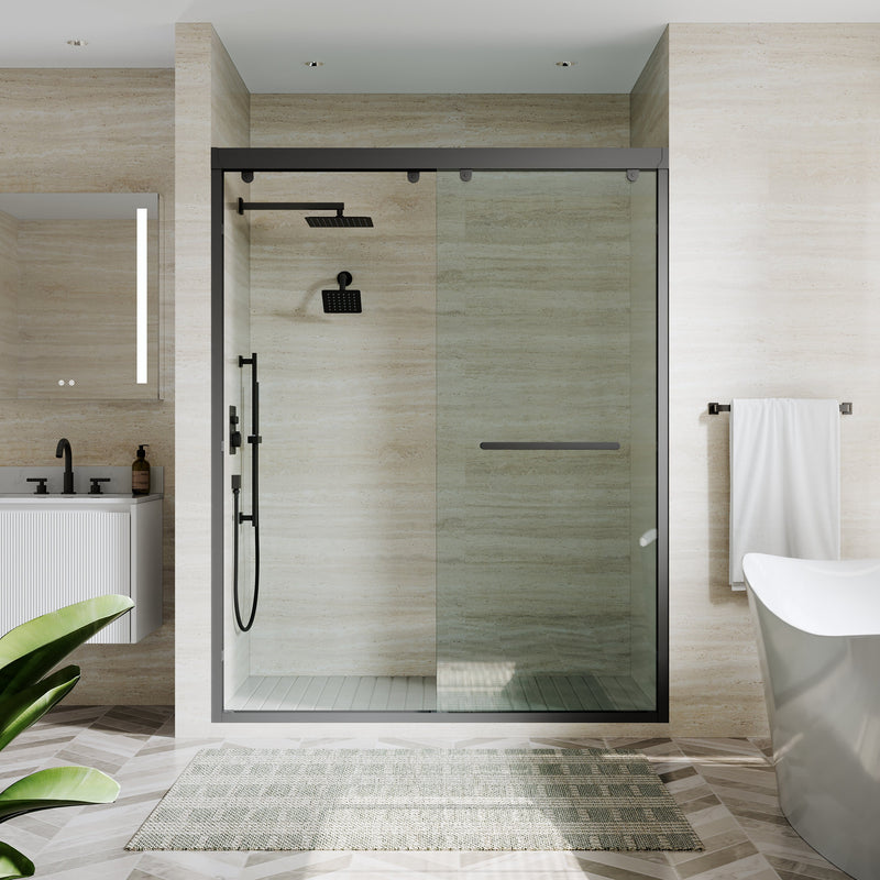 56–60 Inch Double Sliding Shower Door with Matte Black Aluminum Alloy Frame and 5/16" Tempered Clear Glass