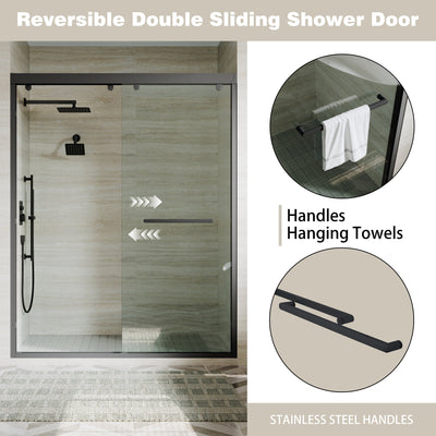 56–60 Inch Double Sliding Shower Door with Matte Black Aluminum Alloy Frame and 5/16" Tempered Clear Glass