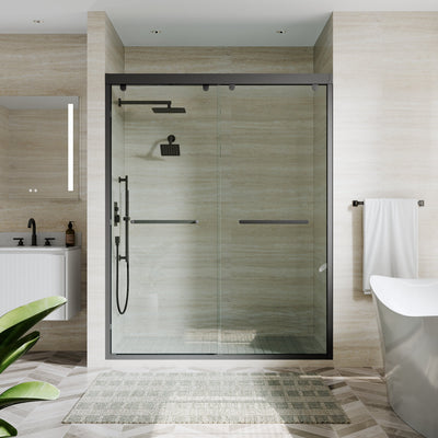 56–60 Inch Double Sliding Shower Door with Matte Black Aluminum Alloy Frame and 5/16" Tempered Clear Glass