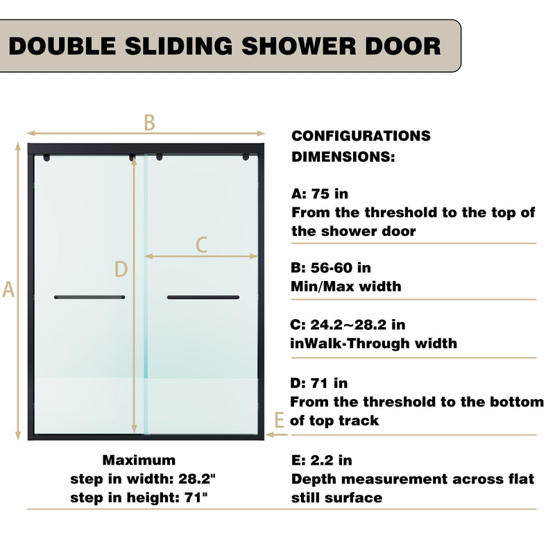56–60 Inch Double Sliding Shower Door with Matte Black Aluminum Alloy Frame and 5/16" Tempered Clear Glass