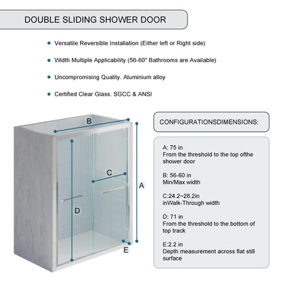 56–60 Inch Double Sliding Shower Door with Chrome Aluminum Alloy Frame and 5/16" Tempered Clear Glass