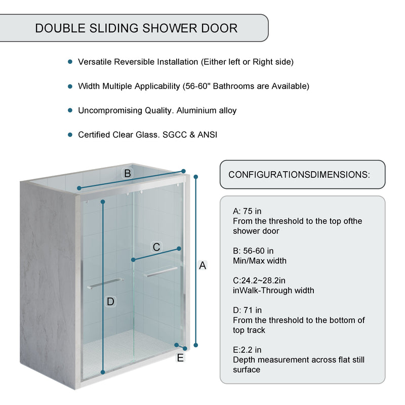 56–60 Inch Double Sliding Shower Door with Chrome Aluminum Alloy Frame and 5/16" Tempered Clear Glass