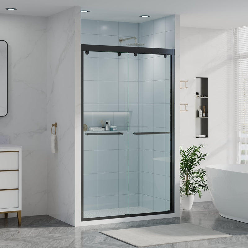 44-48 Inch Double Sliding Shower Door with Matte Black Aluminum Alloy Frame and 5/16" Tempered Clear Glass