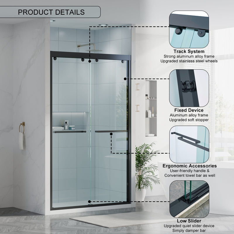 44-48 Inch Double Sliding Shower Door with Matte Black Aluminum Alloy Frame and 5/16" Tempered Clear Glass