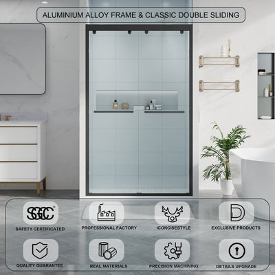 44-48 Inch Double Sliding Shower Door with Matte Black Aluminum Alloy Frame and 5/16" Tempered Clear Glass