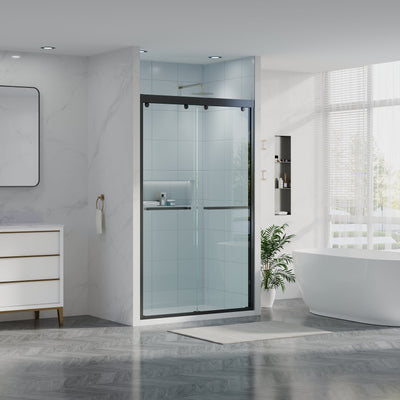 44-48 Inch Double Sliding Shower Door with Matte Black Aluminum Alloy Frame and 5/16" Tempered Clear Glass