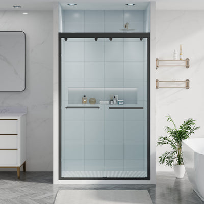 44-48 Inch Double Sliding Shower Door with Matte Black Aluminum Alloy Frame and 5/16" Tempered Clear Glass