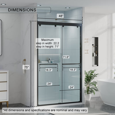 44-48 Inch Double Sliding Shower Door with Matte Black Aluminum Alloy Frame and 5/16" Tempered Clear Glass