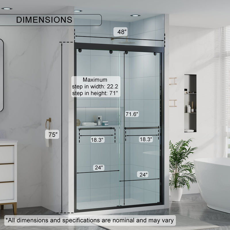 44-48 Inch Double Sliding Shower Door with Matte Black Aluminum Alloy Frame and 5/16" Tempered Clear Glass