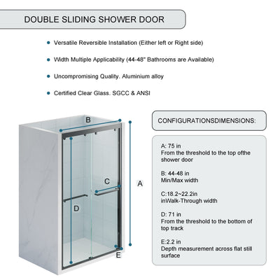 44-48 Inch Double Sliding Shower Door with Matte Black Aluminum Alloy Frame and 5/16" Tempered Clear Glass