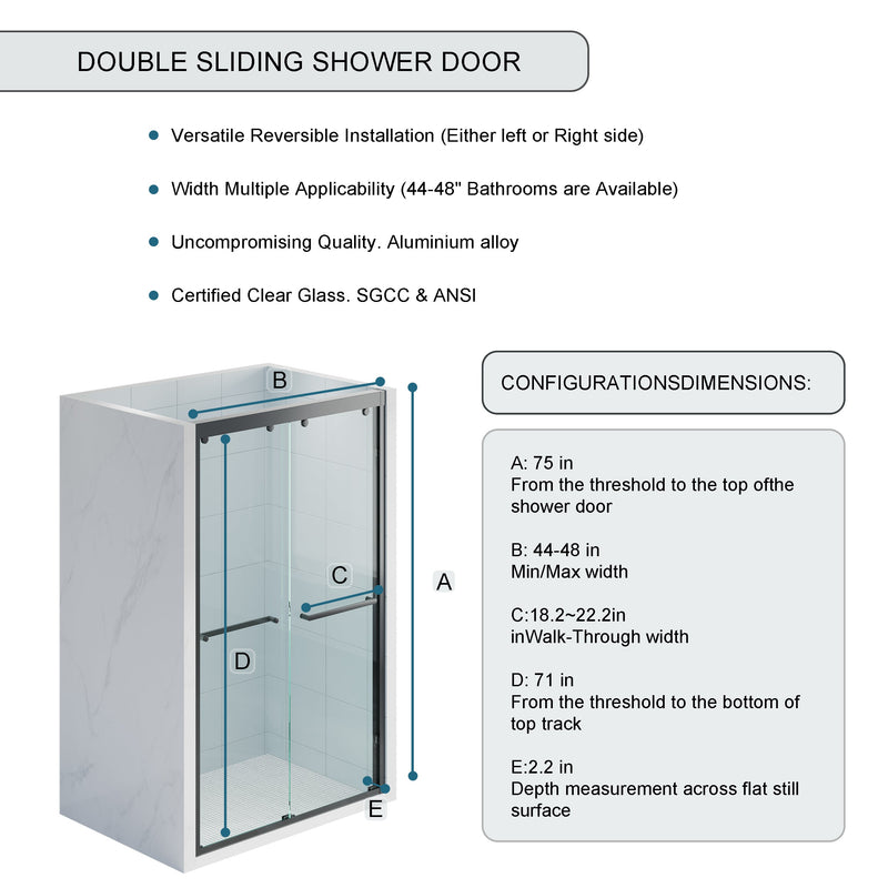 44-48 Inch Double Sliding Shower Door with Matte Black Aluminum Alloy Frame and 5/16" Tempered Clear Glass