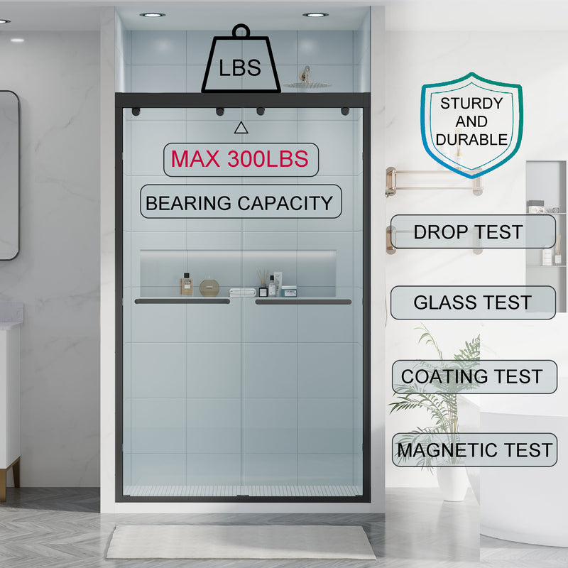 44-48 Inch Double Sliding Shower Door with Matte Black Aluminum Alloy Frame and 5/16" Tempered Clear Glass