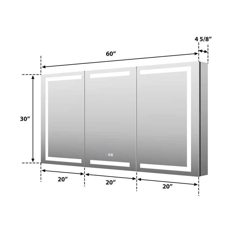 60 in. x 30 in. LED Lighted Aluminum Bathroom Medicine Cabinet with Anti-Fog, Dimmable Lighting, Outlet, Surface or Recessed Mount