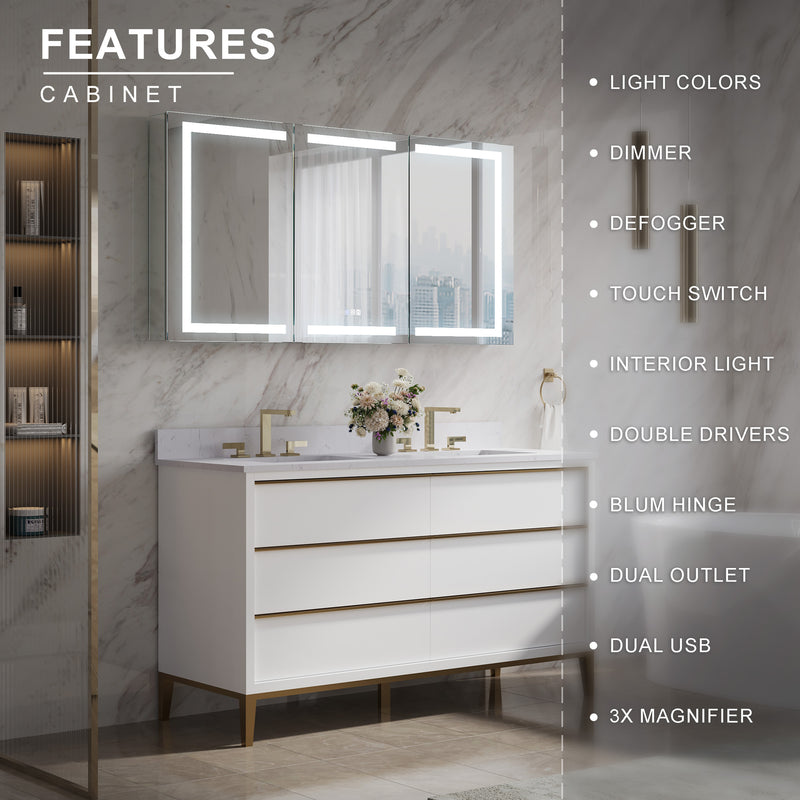 60 in. x 30 in. LED Lighted Aluminum Bathroom Medicine Cabinet with Anti-Fog, Dimmable Lighting, Outlet, Surface or Recessed Mount