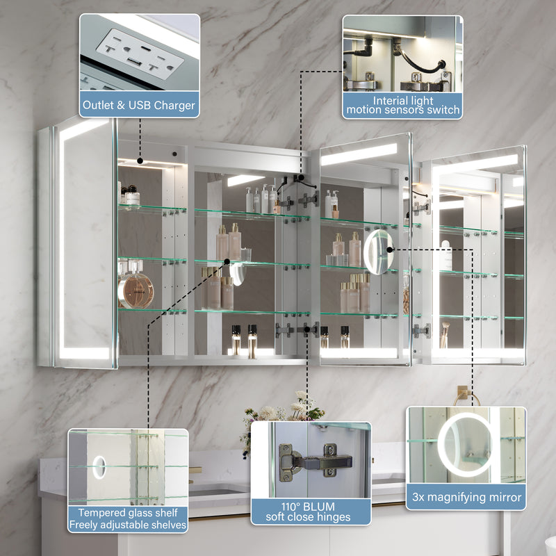 60 in. x 30 in. LED Lighted Aluminum Bathroom Medicine Cabinet with Anti-Fog, Dimmable Lighting, Outlet, Surface or Recessed Mount