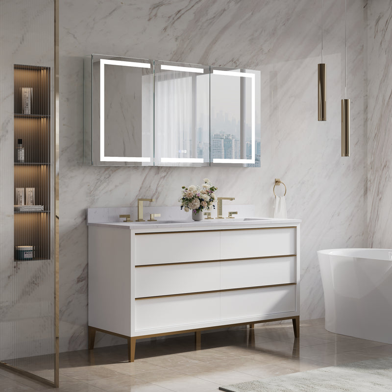 60 in. x 30 in. LED Lighted Aluminum Bathroom Medicine Cabinet with Anti-Fog, Dimmable Lighting, Outlet, Surface or Recessed Mount