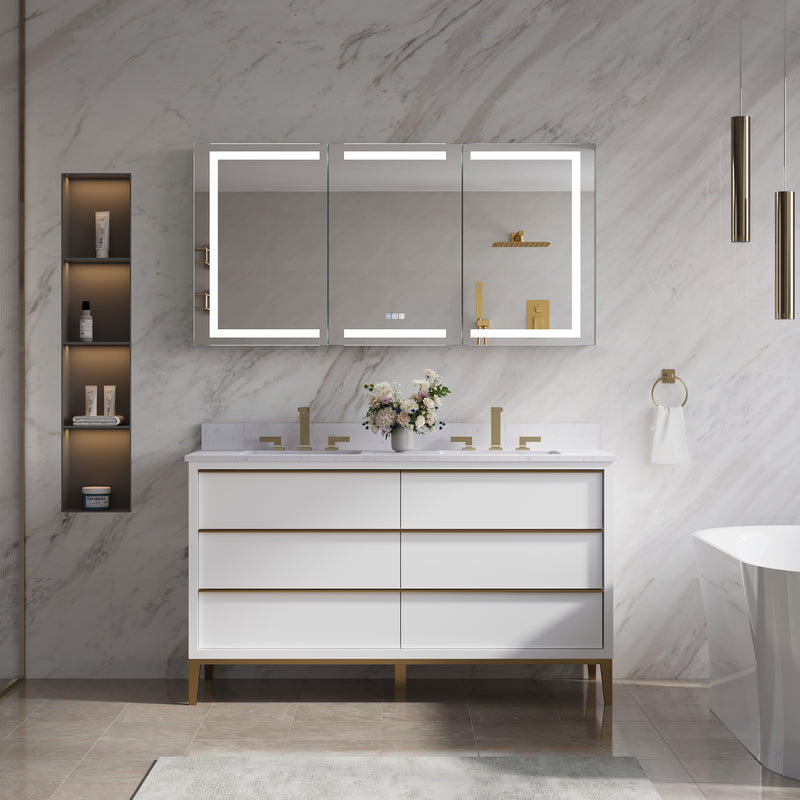 60 in. x 30 in. LED Lighted Aluminum Bathroom Medicine Cabinet with Anti-Fog, Dimmable Lighting, Outlet, Surface or Recessed Mount