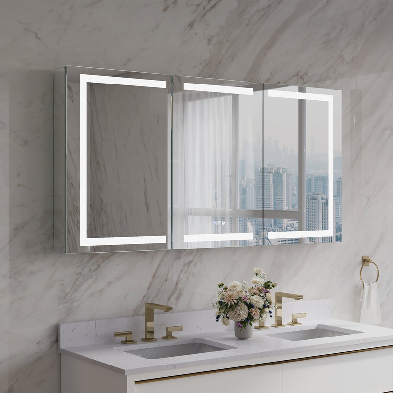 60 in. x 30 in. LED Lighted Aluminum Bathroom Medicine Cabinet with Anti-Fog, Dimmable Lighting, Outlet, Surface or Recessed Mount