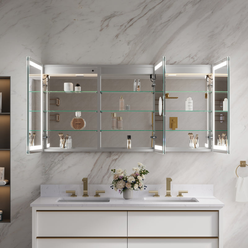 60 in. x 30 in. LED Lighted Aluminum Bathroom Medicine Cabinet with Anti-Fog, Dimmable Lighting, Outlet, Surface or Recessed Mount