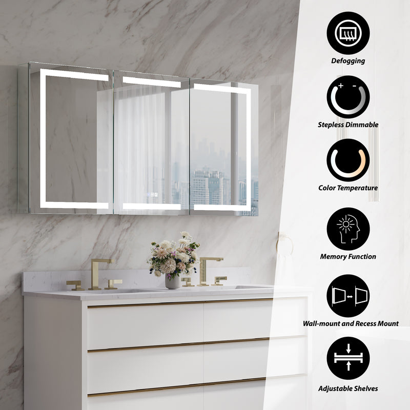 60 in. x 30 in. LED Lighted Aluminum Bathroom Medicine Cabinet with Anti-Fog, Dimmable Lighting, Outlet, Surface or Recessed Mount