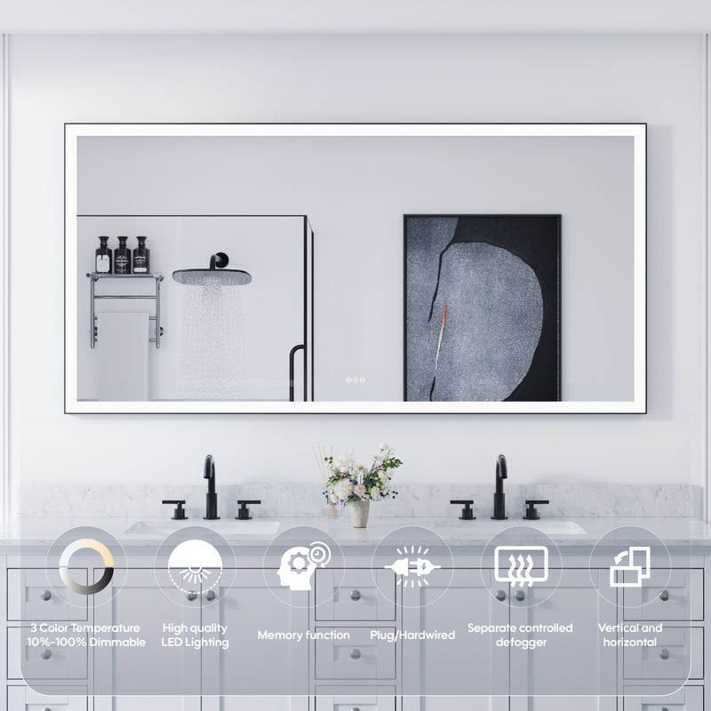72 in. W x 36 in. H Rectangular Framed LED Light Wall Vertical/Horizontal Bathroom Vanity Mirror in Alumi