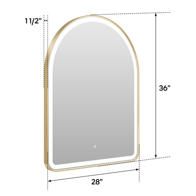 28 in. W x 36 in. H Arched Gold Framed LED Light Mirror, Wall Anti-Fog Bathroom Vanity Mirror