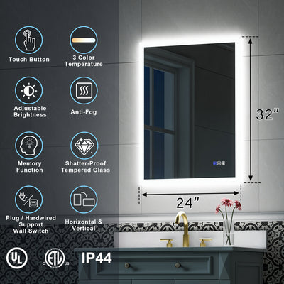 24-in W x 32-in H LED Lit Mirror Rectangular Fog Free Frameless Bathroom Vanity Mirror
