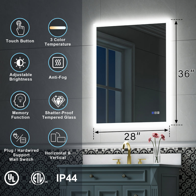 28-in W x 36-in H LED Lit Mirror Rectangular Fog Free Frameless Bathroom Vanity Mirror