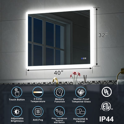 40-in W x 32-in H LED Lit Mirror Rectangular Fog Free Frameless Bathroom Vanity Mirror