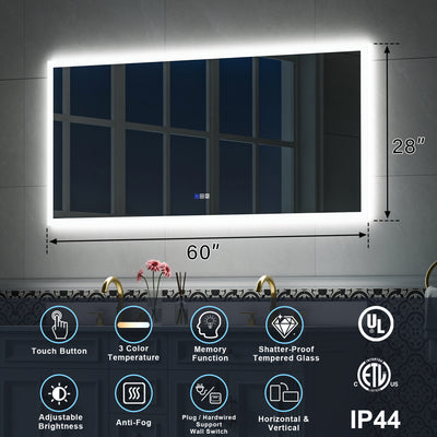 60 in. W x 28 in. H LED Light Mirror Rectangular Fog Free Frameless Bathroom Vanity Mirror