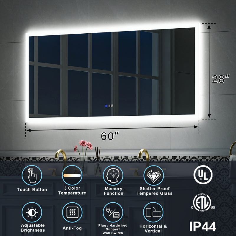 60 in. W x 28 in. H LED Light Mirror Rectangular Fog Free Frameless Bathroom Vanity Mirror