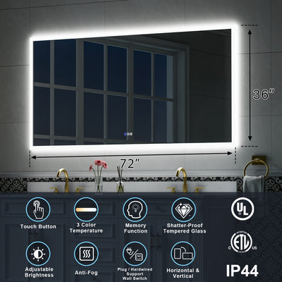 72 in. W x36 in. H LED Light Mirror Rectangular Fog Free Frameless Bathroom Vanity Mirror