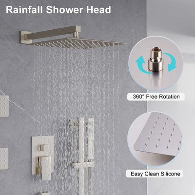 3-Function 12-Inch Square Shower System with Rain Head, Sliding Bar & Body Jets, Concealed Pressure Balance Valve, 304 Stainless Steel