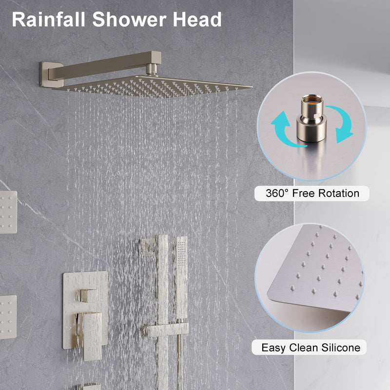 3-Function 12-Inch Square Shower System with Rain Head, Sliding Bar & Body Jets, Concealed Pressure Balance Valve, 304 Stainless Steel