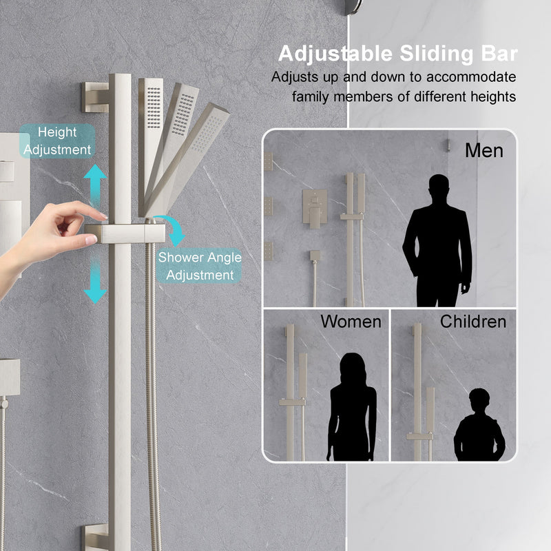 3-Function 12-Inch Square Shower System with Rain Head, Sliding Bar & Body Jets, Concealed Pressure Balance Valve, 304 Stainless Steel