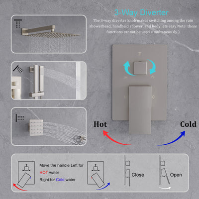3-Function 12-Inch Square Shower System with Rain Head, Sliding Bar & Body Jets, Concealed Pressure Balance Valve, 304 Stainless Steel