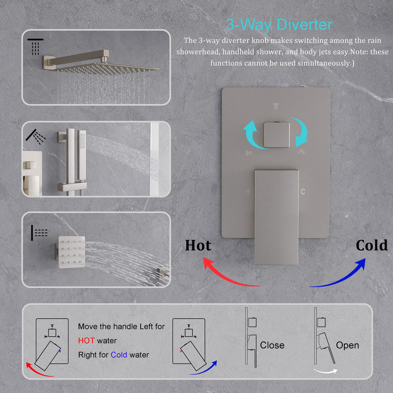 3-Function 12-Inch Square Shower System with Rain Head, Sliding Bar & Body Jets, Concealed Pressure Balance Valve, 304 Stainless Steel