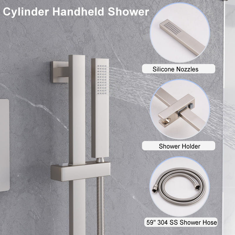 3-Function 12-Inch Square Shower System with Rain Head, Sliding Bar & Body Jets, Concealed Pressure Balance Valve, 304 Stainless Steel