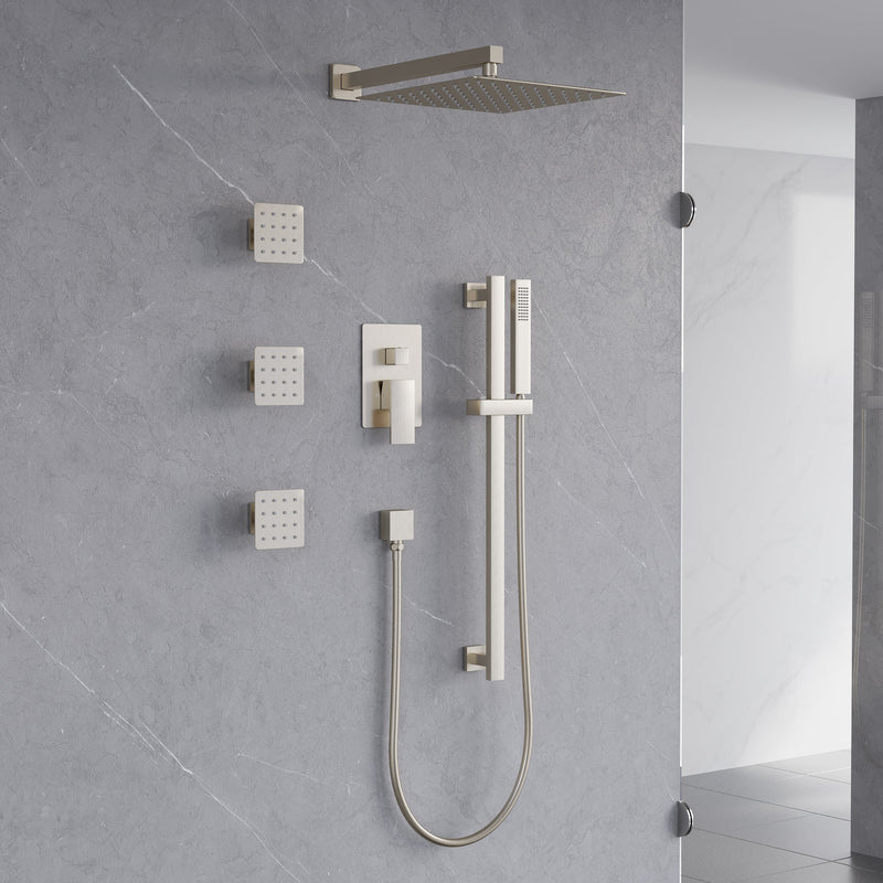 3-Function 12-Inch Square Shower System with Rain Head, Sliding Bar & Body Jets, Concealed Pressure Balance Valve, 304 Stainless Steel